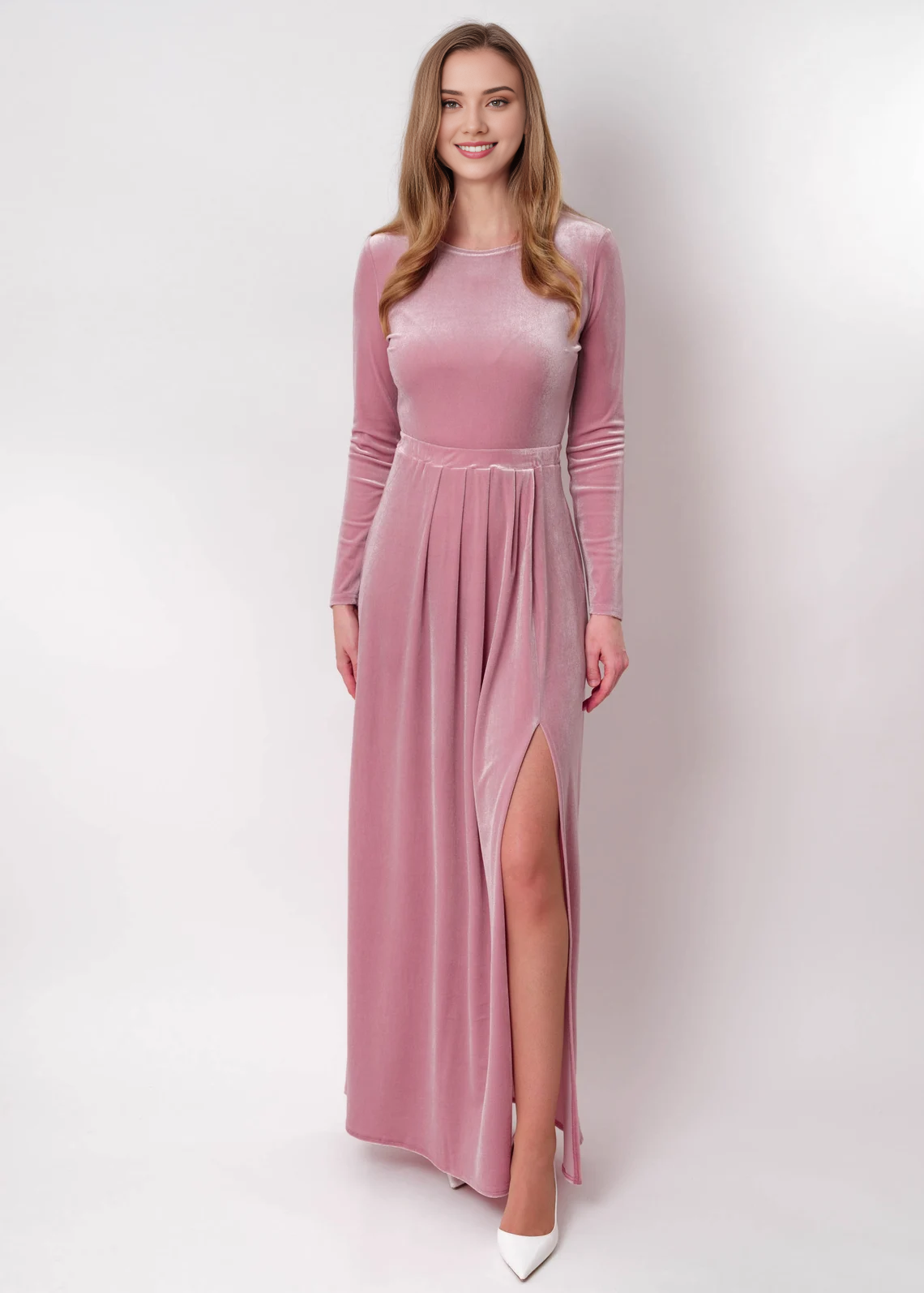 Vestido largo de terciopelo malva para dama de honor, vestido de terciopelo para novia, vestido de dama de honor de terciopelo, vestido de Año Nuevo, vestido largo, vestido de noche con abertura.